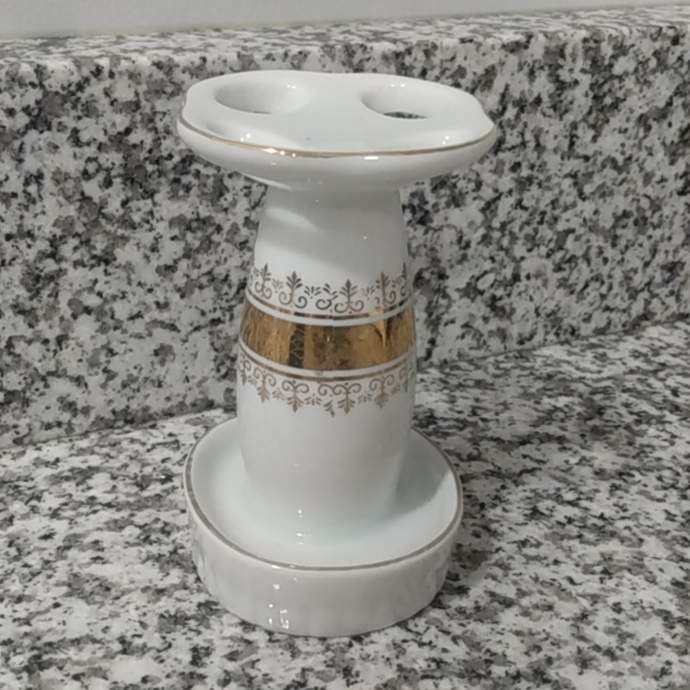 Antique Gold Plate Porcelain Toothbrush or Makeup Holder